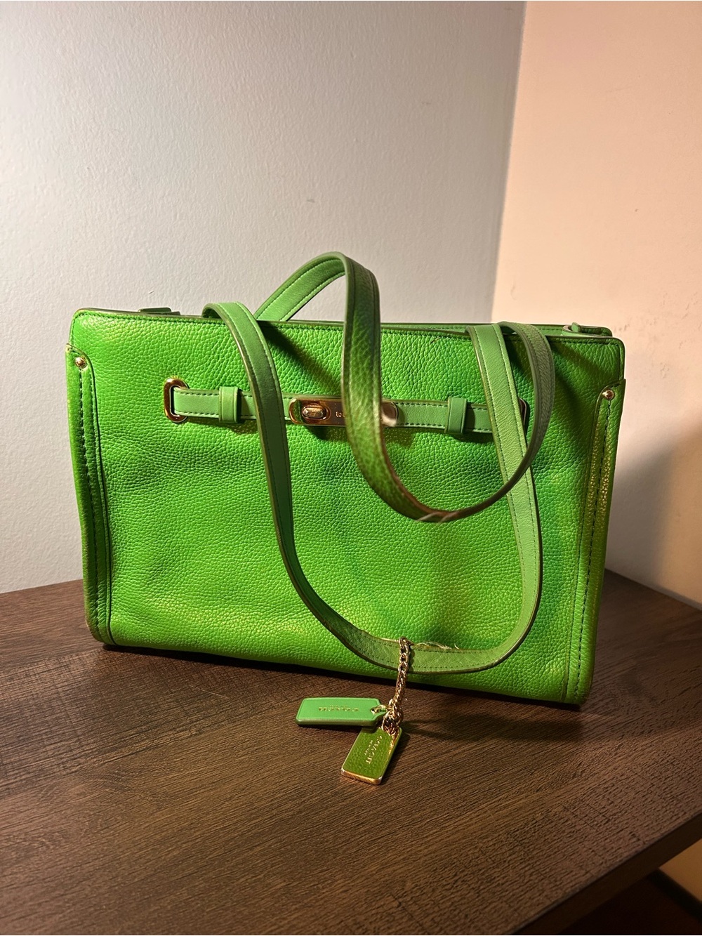 Coach Bright Green Pebble Leather Tote with Gold Accents